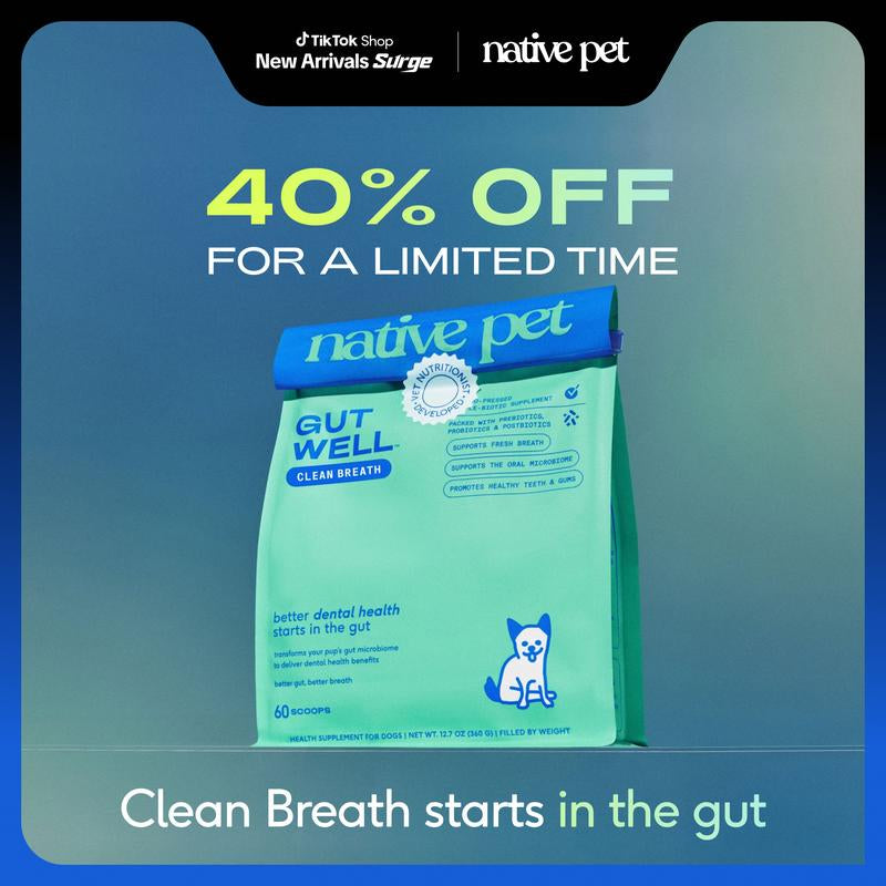 Native Pet GutWell Clean Breath – Triple-Biotic Dog Breath Freshener & Dental Care Food Topper for Plaque, Tartar & Gum Health (60 Scoops)