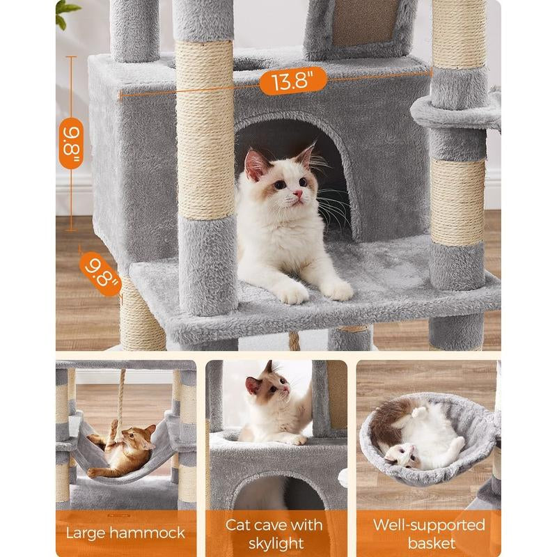 66” Multi-Level Cat Tree Tower – Large Cat Condo with Scratching Posts, Perches, Caves, Hammock & Basket