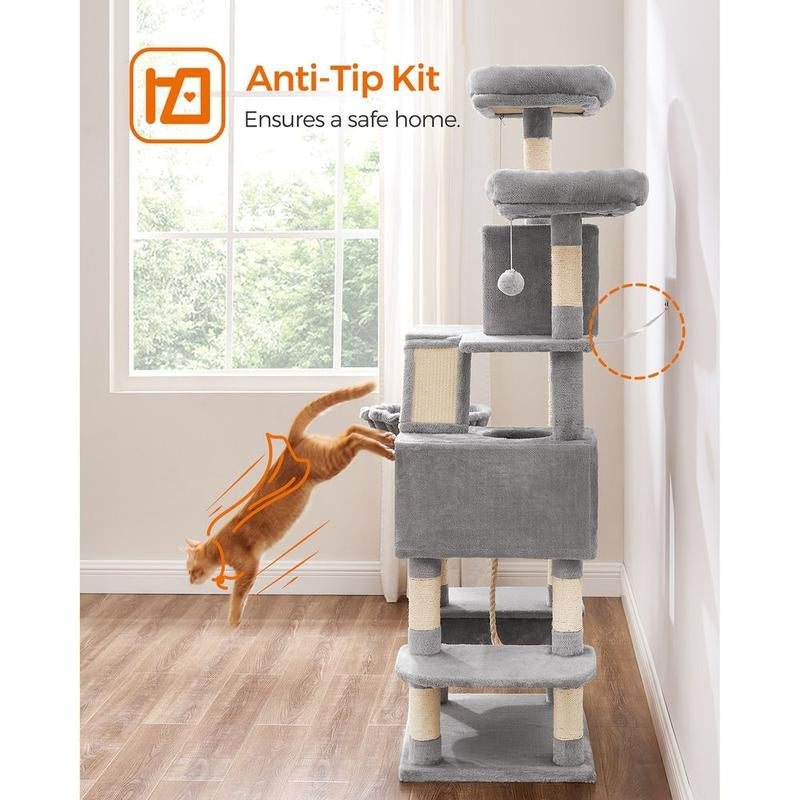 66” Multi-Level Cat Tree Tower – Large Cat Condo with Scratching Posts, Perches, Caves, Hammock & Basket