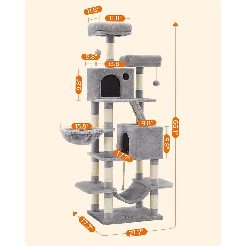 66” Multi-Level Cat Tree Tower – Large Cat Condo with Scratching Posts, Perches, Caves, Hammock & Basket