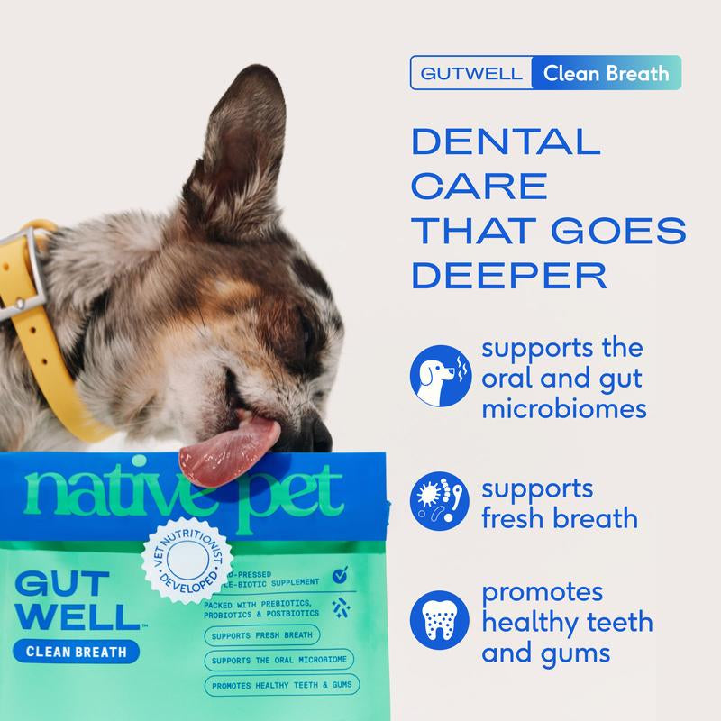Native Pet GutWell Clean Breath – Triple-Biotic Dog Breath Freshener & Dental Care Food Topper for Plaque, Tartar & Gum Health (60 Scoops)