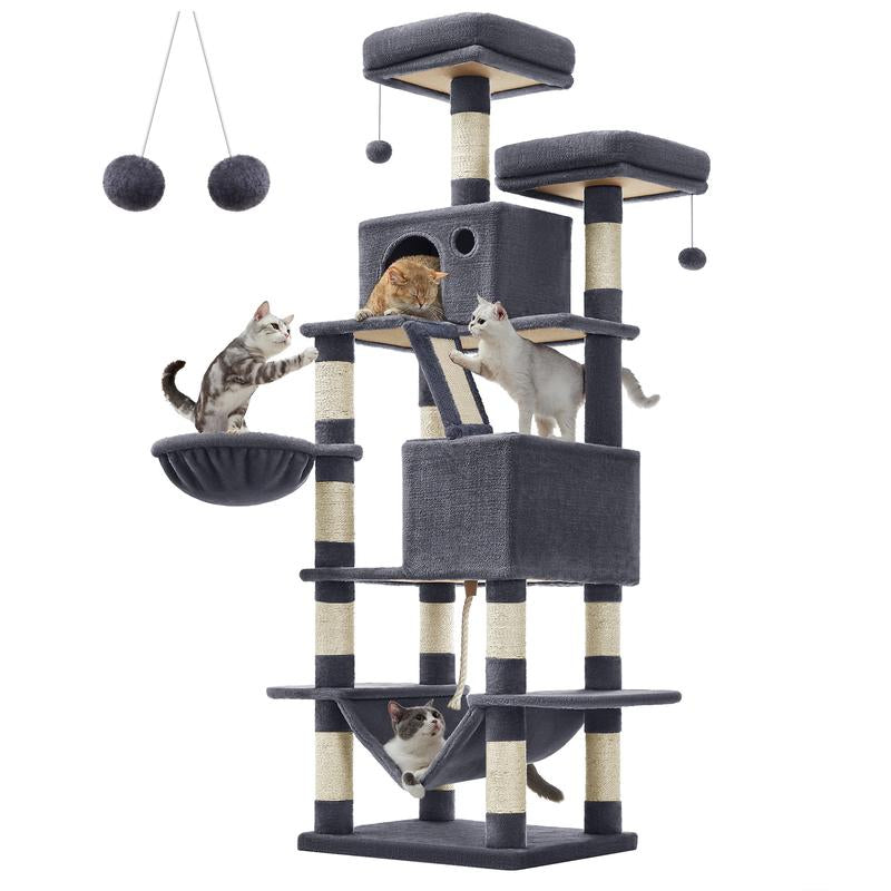 66” Multi-Level Cat Tree Tower – Large Cat Condo with Scratching Posts, Perches, Caves, Hammock & Basket