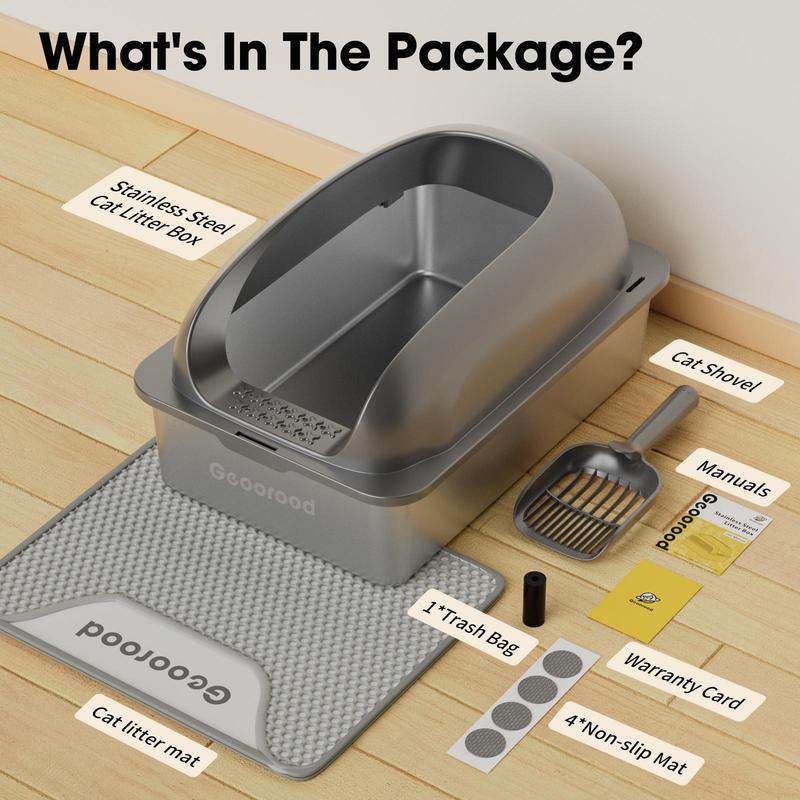 XXL Stainless Steel Cat Litter Box with Lid – 20L Extra-Large High-Sided Metal Litter Pan, Anti-Leak & Odor-Resistant, Includes Cat Mat & Scoop