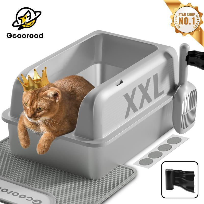 XXL Stainless Steel Cat Litter Box with Lid – 20L Extra-Large High-Sided Metal Litter Pan, Anti-Leak & Odor-Resistant, Includes Cat Mat & Scoop