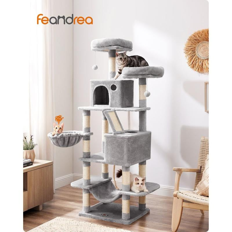 66” Multi-Level Cat Tree Tower – Large Cat Condo with Scratching Posts, Perches, Caves, Hammock & Basket