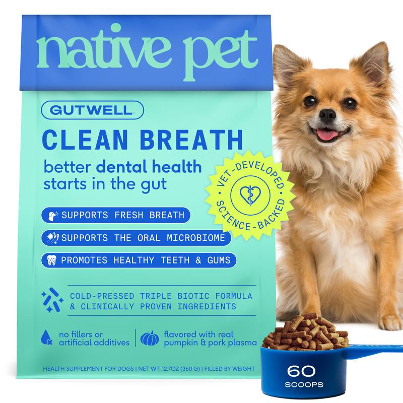 Native Pet GutWell Clean Breath – Triple-Biotic Dog Breath Freshener & Dental Care Food Topper for Plaque, Tartar & Gum Health (60 Scoops)