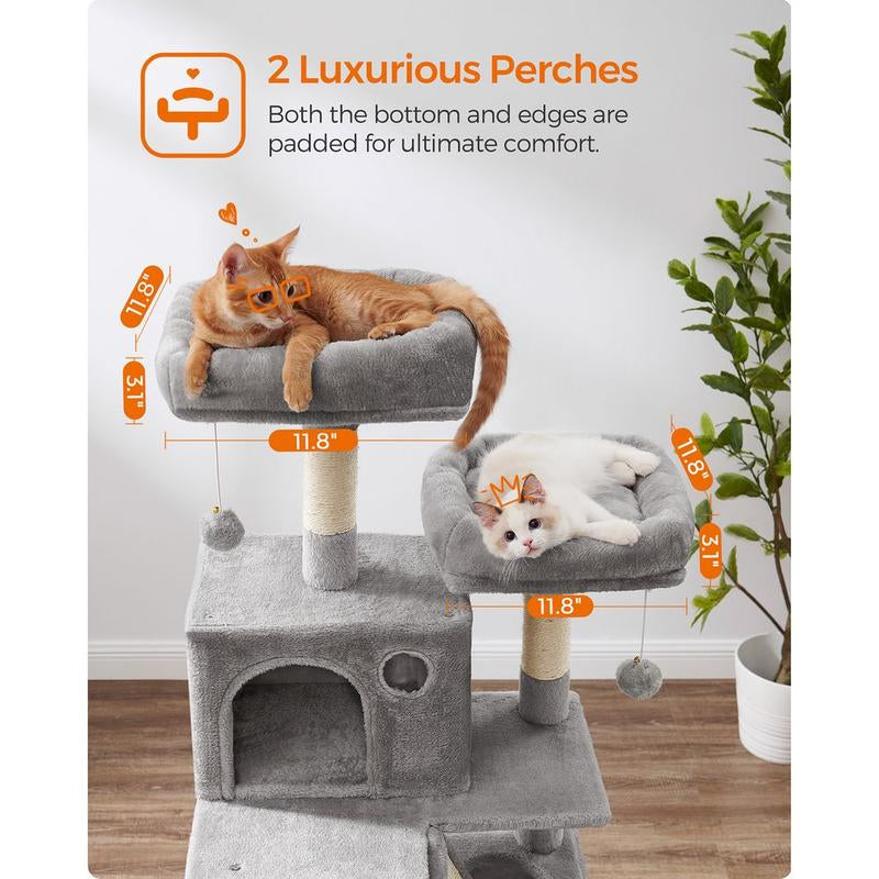 66” Multi-Level Cat Tree Tower – Large Cat Condo with Scratching Posts, Perches, Caves, Hammock & Basket