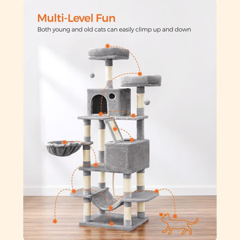66” Multi-Level Cat Tree Tower – Large Cat Condo with Scratching Posts, Perches, Caves, Hammock & Basket