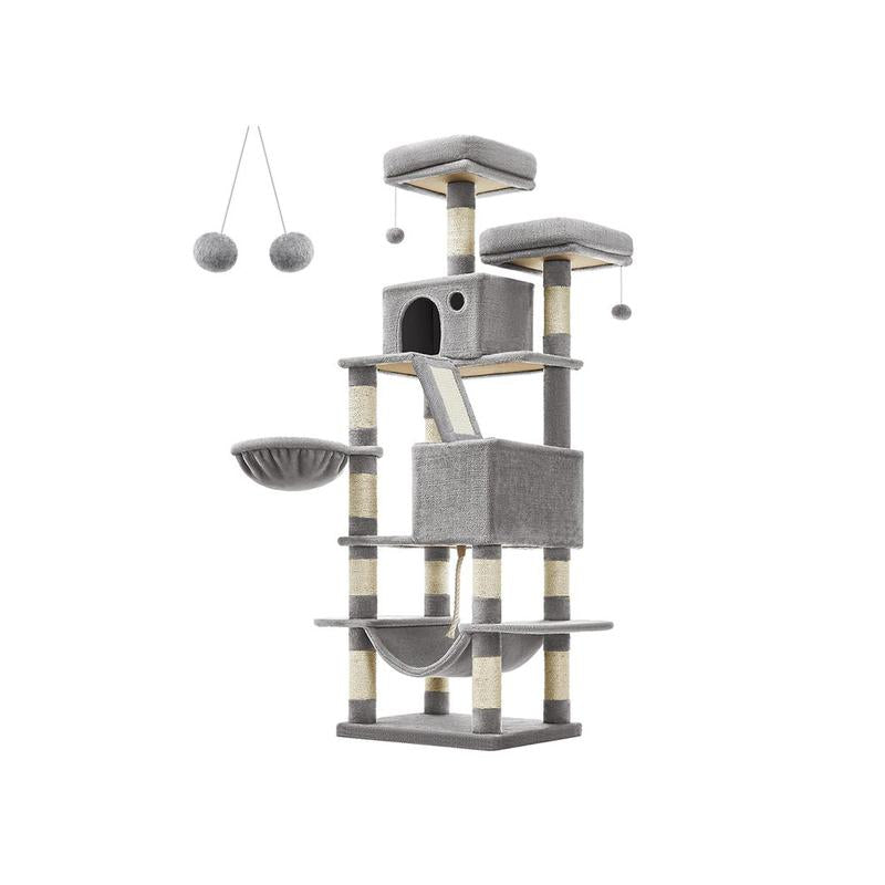 66” Multi-Level Cat Tree Tower – Large Cat Condo with Scratching Posts, Perches, Caves, Hammock & Basket